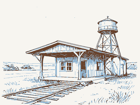 Decorative drawing: a small railway depot with a platform canopy and a water tower. Not a photograph of this place.