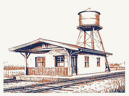 Decorative drawing: a small railway depot with a platform canopy and a water tower. Not a photograph of this place.