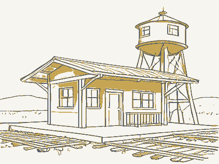 Decorative drawing: a small railway depot with a platform canopy and a water tower. Not a photograph of this place.