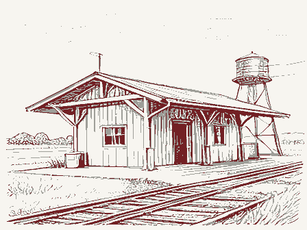 Decorative drawing: a small railway depot with a platform canopy and a water tower. Not a photograph of this place.