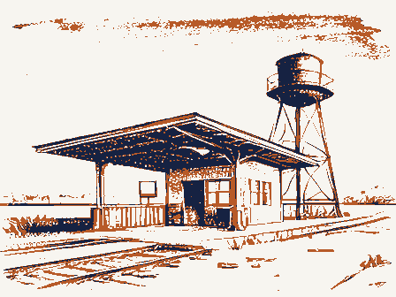Decorative drawing: a small railway depot with a platform canopy and a water tower. Not a photograph of this place.