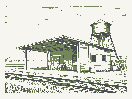 Decorative drawing: a small railway depot with a platform canopy and a water tower. Not a photograph of this place.