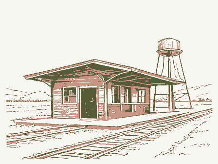 Decorative drawing: a small railway depot with a platform canopy and a water tower. Not a photograph of this place.