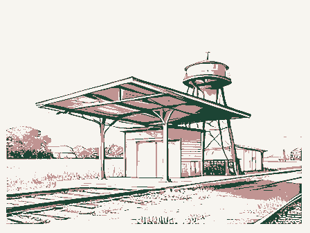 Decorative drawing: a small railway depot with a platform canopy and a water tower. Not a photograph of this place.