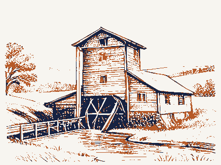 Decorative drawing: a water-powered grist mill beside a millrace. Not a photograph of this place.