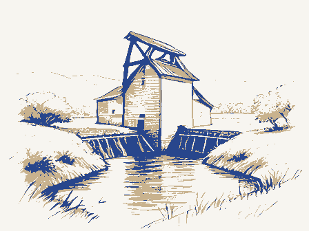 Decorative drawing: a water-powered grist mill beside a millrace. Not a photograph of this place.