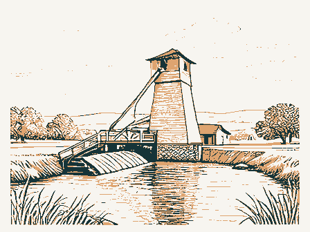 Decorative drawing: a water-powered grist mill beside a millrace. Not a photograph of this place.