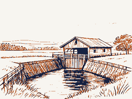 Decorative drawing: a water-powered grist mill beside a millrace. Not a photograph of this place.