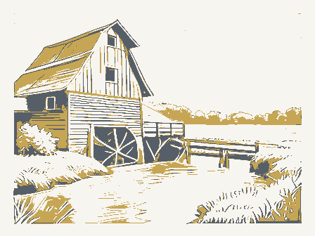 Decorative drawing: a water-powered grist mill beside a millrace. Not a photograph of this place.