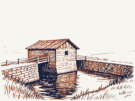 Decorative drawing: a water-powered grist mill beside a millrace. Not a photograph of this place.