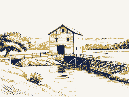 Decorative drawing: a water-powered grist mill beside a millrace. Not a photograph of this place.