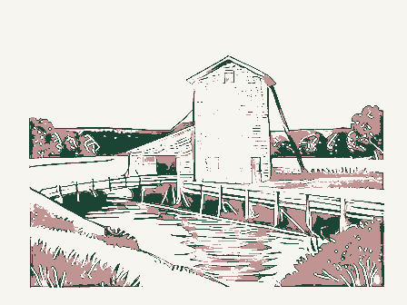 Decorative drawing: a water-powered grist mill beside a millrace. Not a photograph of this place.