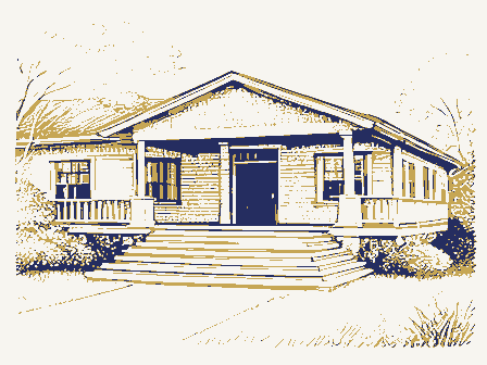 Decorative drawing: a large clubhouse with wide steps and a shaded porch. Not a photograph of this place.