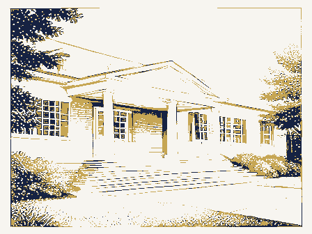Decorative drawing: a large clubhouse with wide steps and a shaded porch. Not a photograph of this place.