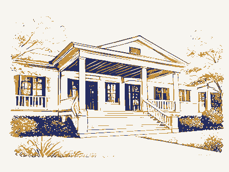 Decorative drawing: a large clubhouse with wide steps and a shaded porch. Not a photograph of this place.