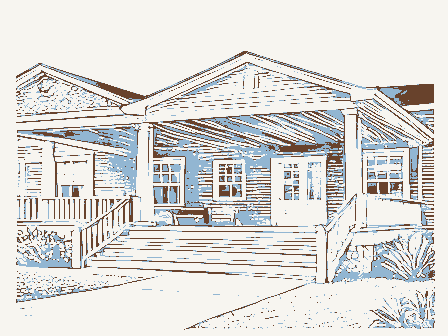 Decorative drawing: a large clubhouse with wide steps and a shaded porch. Not a photograph of this place.