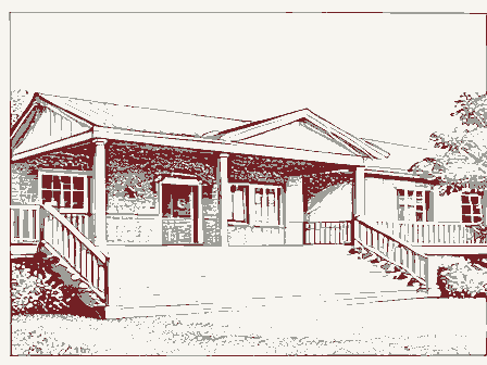 Decorative drawing: a large clubhouse with wide steps and a shaded porch. Not a photograph of this place.