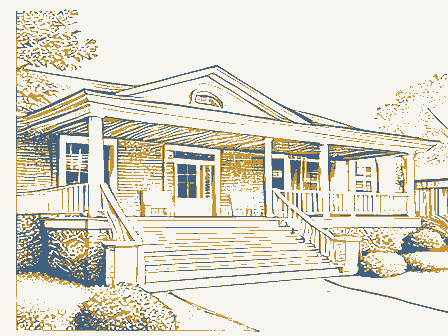 Decorative drawing: a large clubhouse with wide steps and a shaded porch. Not a photograph of this place.
