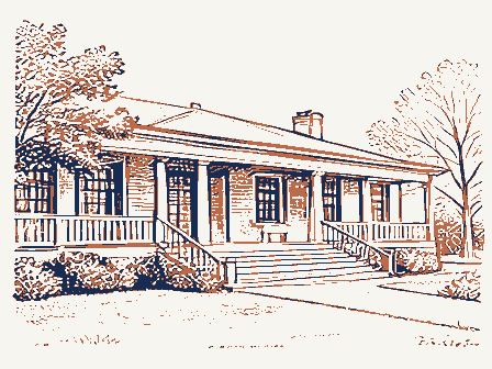 Decorative drawing: a large clubhouse with wide steps and a shaded porch. Not a photograph of this place.