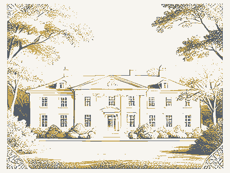 Decorative drawing: a grand mansion set back behind mature trees. Not a photograph of this place.