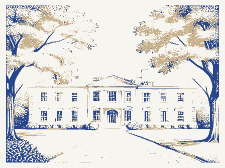 Decorative drawing: a grand mansion set back behind mature trees. Not a photograph of this place.