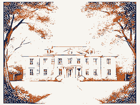 Decorative drawing: a grand mansion set back behind mature trees. Not a photograph of this place.