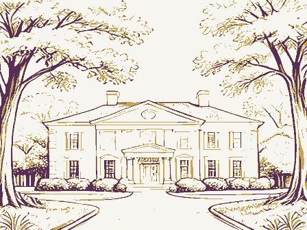Decorative drawing: a grand mansion set back behind mature trees. Not a photograph of this place.