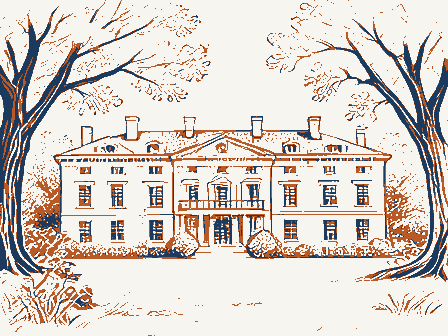 Decorative drawing: a grand mansion set back behind mature trees. Not a photograph of this place.