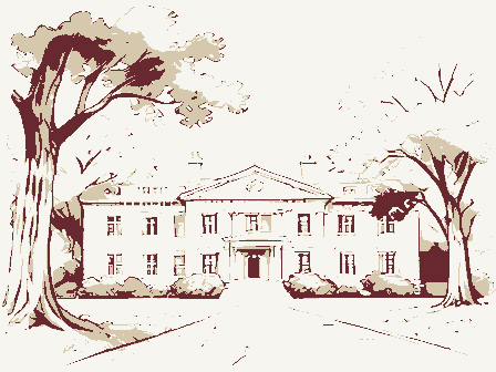 Decorative drawing: a grand mansion set back behind mature trees. Not a photograph of this place.