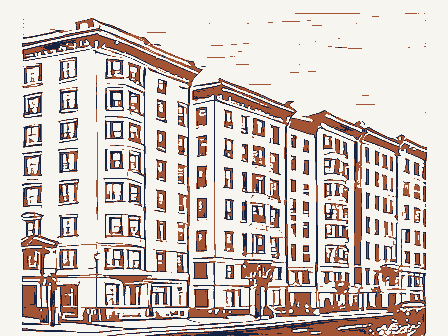 Decorative drawing: a row of tall apartment houses with bay windows. Not a photograph of this place.