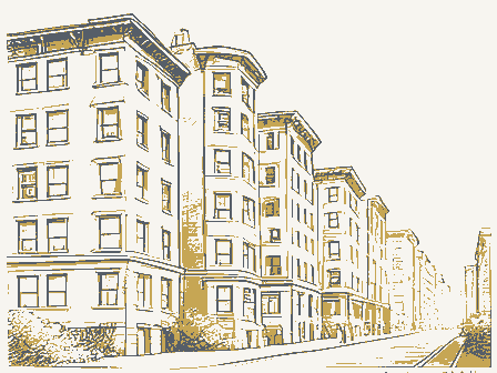 Decorative drawing: a row of tall apartment houses with bay windows. Not a photograph of this place.