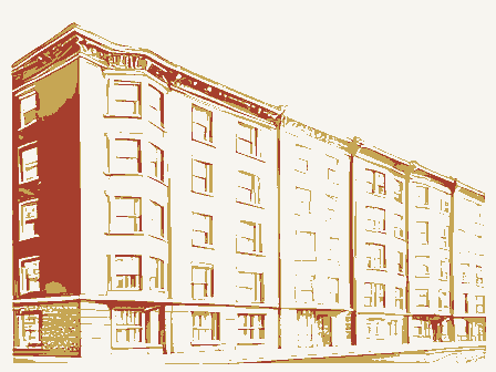Decorative drawing: a row of tall apartment houses with bay windows. Not a photograph of this place.