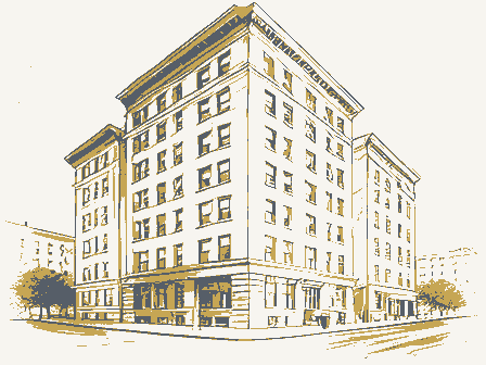 Decorative drawing: a row of tall apartment houses with bay windows. Not a photograph of this place.