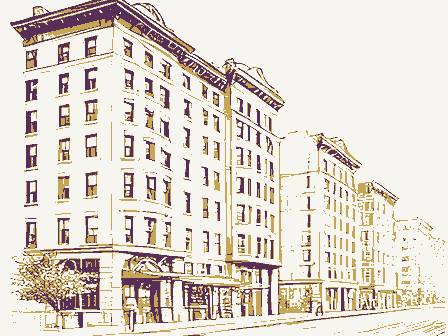 Decorative drawing: a row of tall apartment houses with bay windows. Not a photograph of this place.