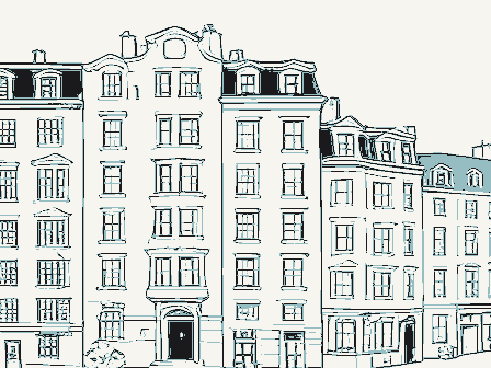 Decorative drawing: a row of tall apartment houses with bay windows. Not a photograph of this place.