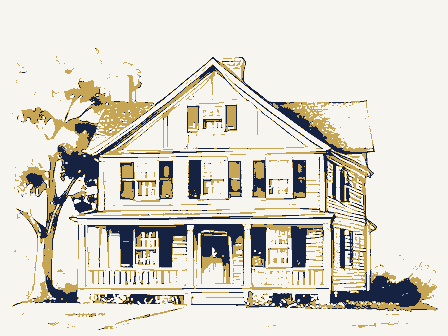 Decorative drawing: the front elevation of a nineteenth-century American timber-framed building, its clapboards,.... Not a photograph of this place.
