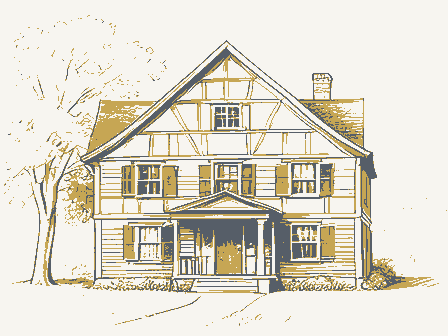 Decorative drawing: the front elevation of a nineteenth-century American timber-framed building, its clapboards,.... Not a photograph of this place.