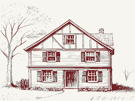 Decorative drawing: the front elevation of a nineteenth-century American timber-framed building, its clapboards,.... Not a photograph of this place.