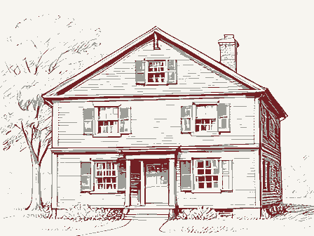 Decorative drawing: the front elevation of a nineteenth-century American timber-framed building, its clapboards,.... Not a photograph of this place.