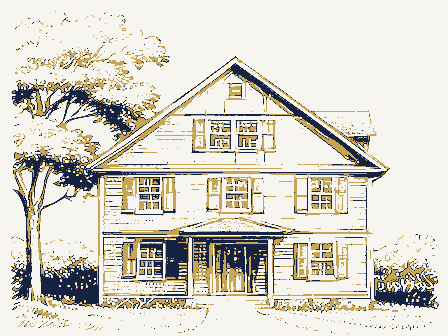 Decorative drawing: the front elevation of a nineteenth-century American timber-framed building, its clapboards,.... Not a photograph of this place.