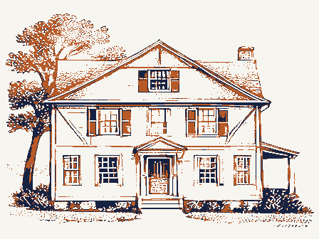 Decorative drawing: the front elevation of a nineteenth-century American timber-framed building, its clapboards,.... Not a photograph of this place.