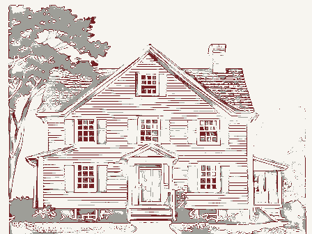 Decorative drawing: the front elevation of a nineteenth-century American timber-framed building, its clapboards,.... Not a photograph of this place.