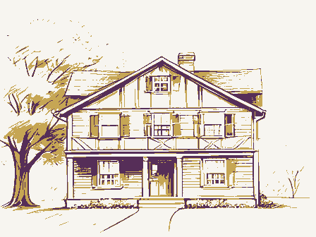Decorative drawing: the front elevation of a nineteenth-century American timber-framed building, its clapboards,.... Not a photograph of this place.