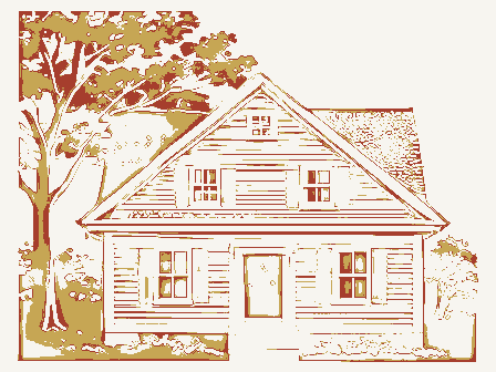 Decorative drawing: the front elevation of a nineteenth-century American timber-framed building, its clapboards,.... Not a photograph of this place.