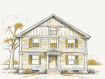 Decorative drawing: the front elevation of a nineteenth-century American timber-framed building, its clapboards,.... Not a photograph of this place.