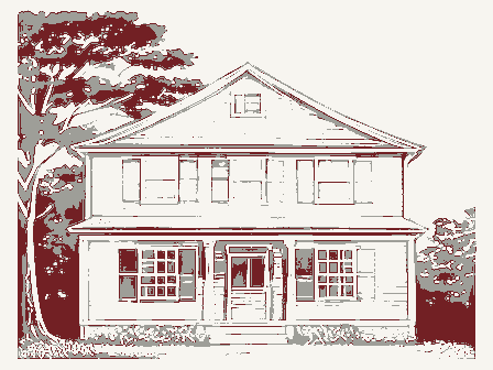 Decorative drawing: the front elevation of a nineteenth-century American timber-framed building, its clapboards,.... Not a photograph of this place.