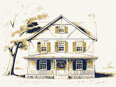 Decorative drawing: the front elevation of a nineteenth-century American timber-framed building, its clapboards,.... Not a photograph of this place.