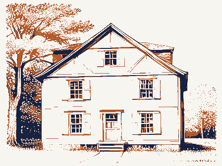 Decorative drawing: the front elevation of a nineteenth-century American timber-framed building, its clapboards,.... Not a photograph of this place.