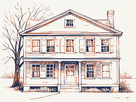 Decorative drawing: the front elevation of a nineteenth-century American timber-framed building, its clapboards,.... Not a photograph of this place.