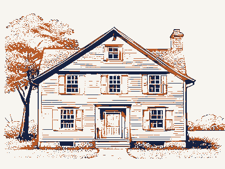 Decorative drawing: the front elevation of a nineteenth-century American timber-framed building, its clapboards,.... Not a photograph of this place.